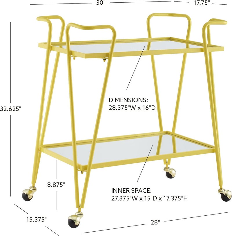 Linon Gina Yellow Mid Century Bar Cart with Mirrored Shelves by - Image 2